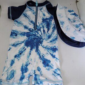 Andy & Evan Swim Trunks Swimsuit 9M Infant Swimwear Navy Tie Dye with Hat NWT